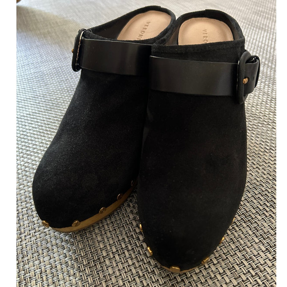 VERONICA BEARD Dacey Black gold studded suede wood heel mule clogs sz 11 NWOB - Picture 2 of 7